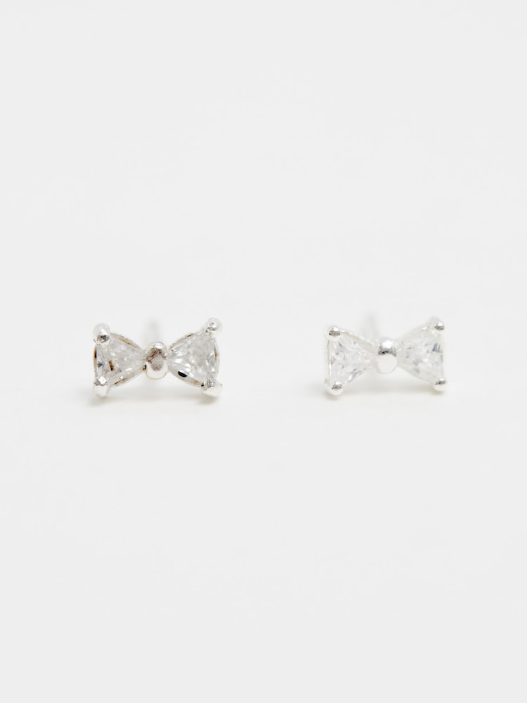 Simply Silver Tone Sterling Cubic Zirconia Bow Stud Earrings - Imagen 1 de 4
