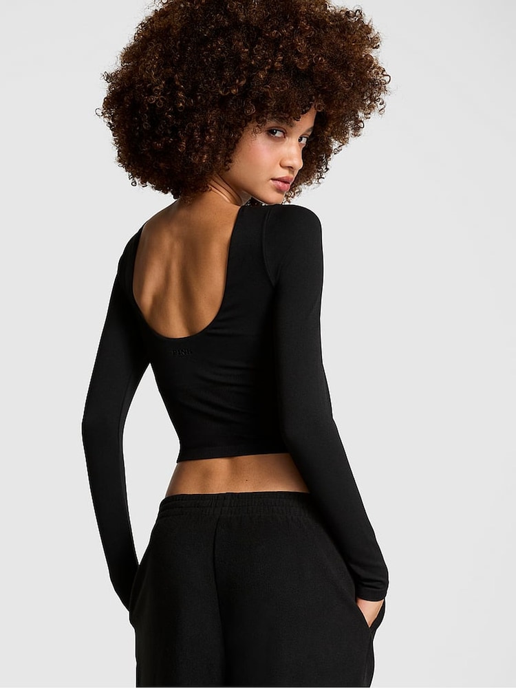 Victoria's Secret PINK Black Cropped Fitted Long Sleeve Top - Image 2 of 3 Victoria's Secret PINK Black Cropped Fitted Long Sleeve Top - Image 2 of 3