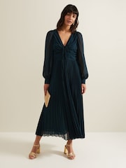 Phase Eight Blue Kindra Teal Chiffon Pleated Midi Dress - Image 1 of 6