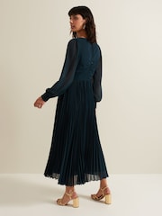 Phase Eight Blue Kindra Teal Chiffon Pleated Midi Dress - Image 2 of 6