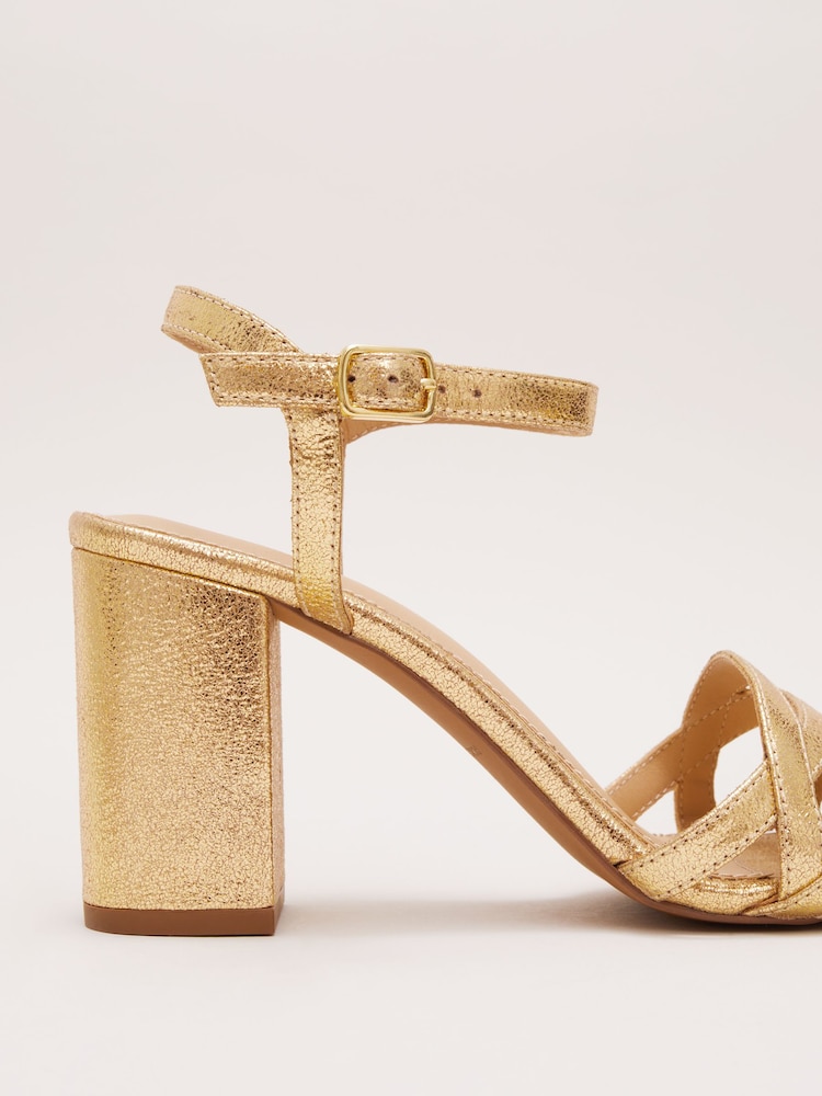 Phase Eight Metallic Gold Leather Crossover Block Heels - Image 3 of 3