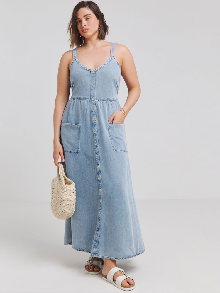 Simply Be Blue Bow Back Denim Maxi Dress Made With 100% TM Lyocell - Image 1 of 3