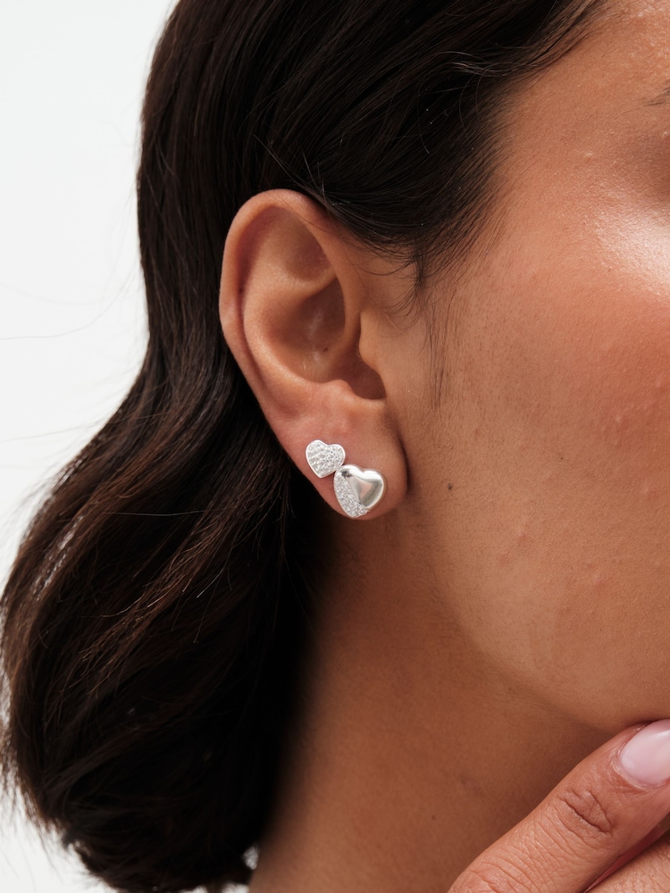 Simply Silver Silver Tone Sterling 925 Polished and Pave Heart Stud Earrings - Image 1 of 4 Simply Silver Silver Tone Sterling 925 Polished and Pave Heart Stud Earrings - Image 1 of 4