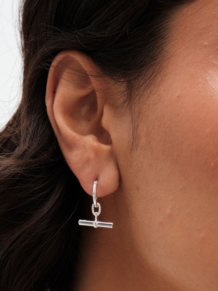 Simply Silver Silver Tone Sterling 925 Textured Polished T Bar Hoop Earrings - Image 1 of 4