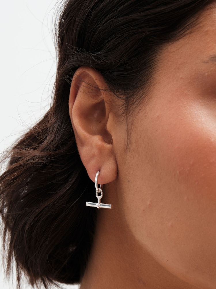 Simply Silver Silver Tone Sterling 925 Textured Polished T Bar Hoop Earrings - Image 2 of 4