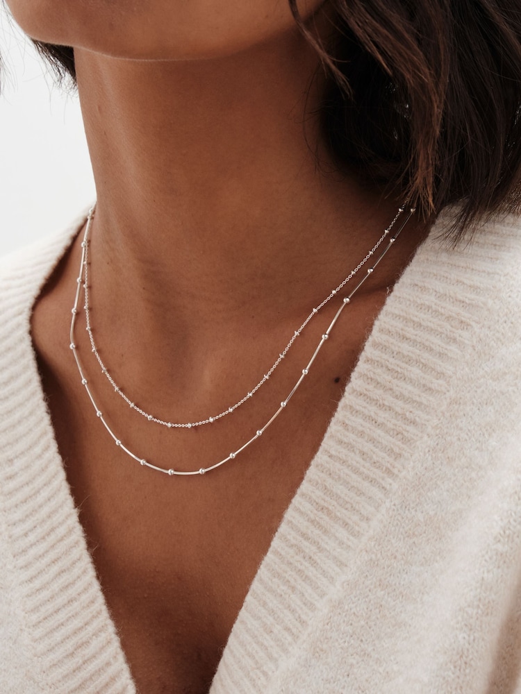 Simply Silver Silver Tone Sterling 925 Polished Double Row Ball Chain Necklace - Image 3 of 4