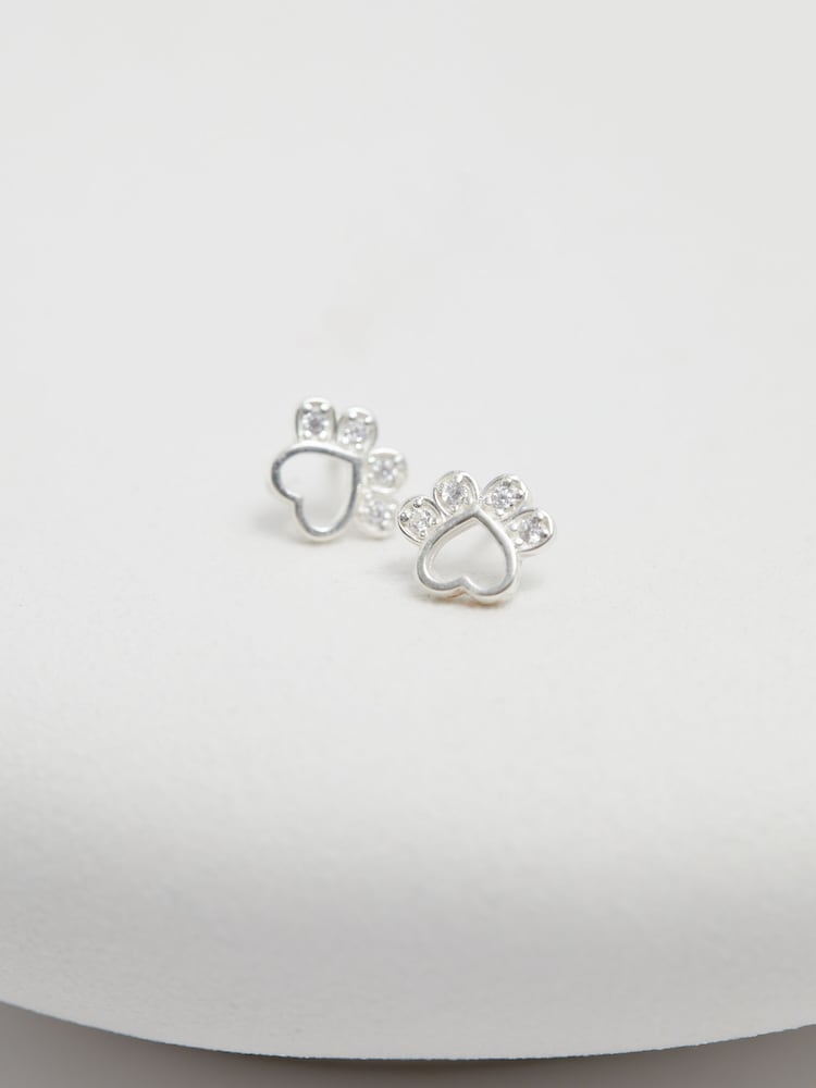 Simply Silver Silver Tone Sterling 925 Polished and Cubic Zirconia Open Paw Print Earrings - Image 1 of 2