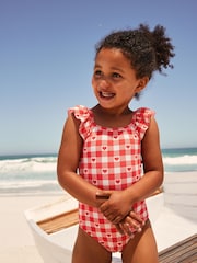 Red Gingham Heart Frill Shoulder Swimsuit (3mths-7yrs) - Image 1 of 9