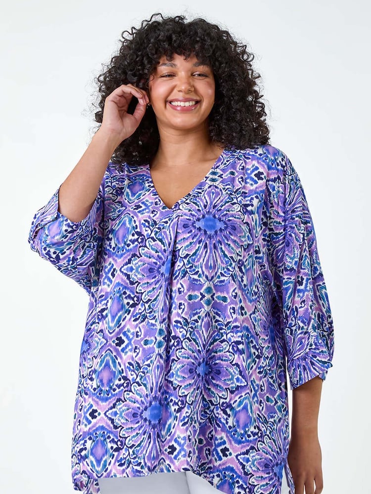 Roman Purple Printed Pleat Front Top - Image 1 of 5