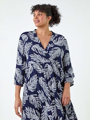 Roman Blue Leaf Print Wrap Smock Dress - Image 1 of 5