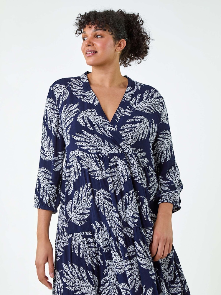 Roman Blue Leaf Print Wrap Smock Dress - Image 1 of 5