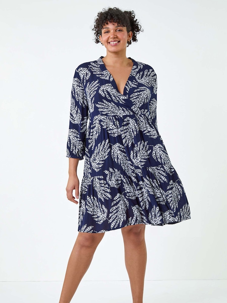 Roman Blue Leaf Print Wrap Smock Dress - Image 2 of 5
