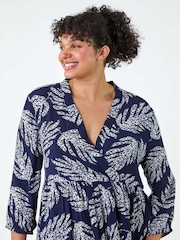 Roman Blue Leaf Print Wrap Smock Dress - Image 4 of 5