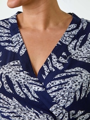 Roman Blue Leaf Print Wrap Smock Dress - Image 5 of 5