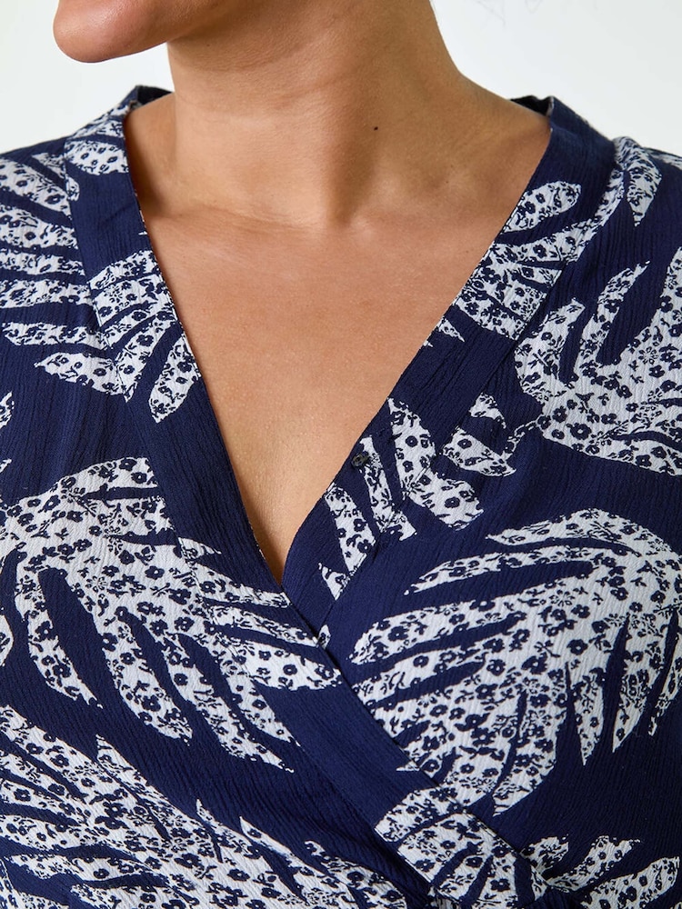 Roman Blue Leaf Print Wrap Smock Dress - Image 5 of 5