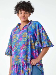 Roman Blue Floral Frill Tie Detail Top - Image 1 of 5