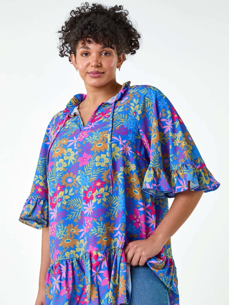 Roman Blue Floral Frill Tie Detail Top - Image 1 of 5