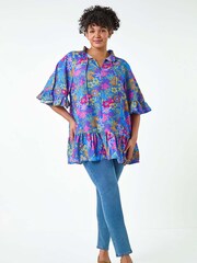 Roman Blue Floral Frill Tie Detail Top - Image 2 of 5