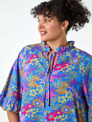 Roman Blue Floral Frill Tie Detail Top - Image 4 of 5