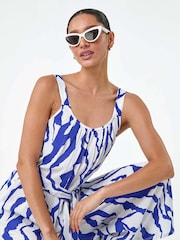 Dusk Blue Animal Print Belted Jumpsuit - Image 1 of 5