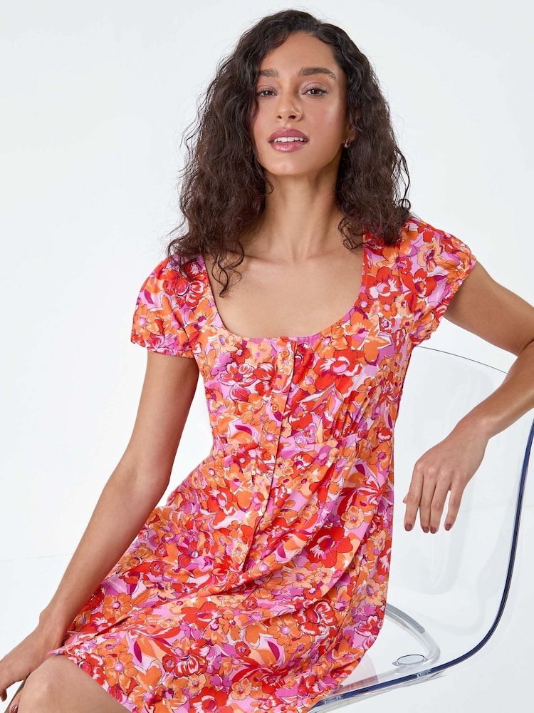 Dusk Orange Floral Print Button Through Dress - Image 1 of 5 Dusk Orange Floral Print Button Through Dress - Image 1 of 5
