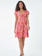 Dusk Orange Floral Print Button Through Dress - Image 2 of 5