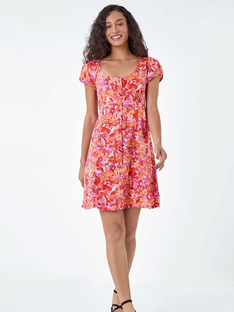 Dusk Orange Floral Print Button Through Dress - Image 2 of 5 Dusk Orange Floral Print Button Through Dress - Image 2 of 5