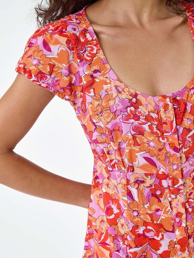 Dusk Orange Floral Print Button Through Dress - Image 5 of 5