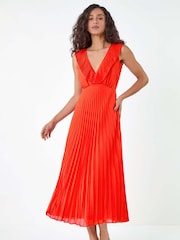 Dusk Orange Pleated Tie Back Fit and Flare Midi Dress - Image 1 of 5