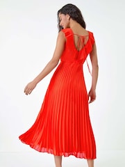 Dusk Orange Pleated Tie Back Fit and Flare Midi Dress - Image 3 of 5