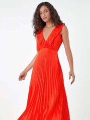 Dusk Orange Pleated Tie Back Fit and Flare Midi Dress - Image 4 of 5