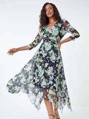 Dusk Green Abstract Stretch Mesh Hanky Hem Wrap Dress - Image 1 of 5
