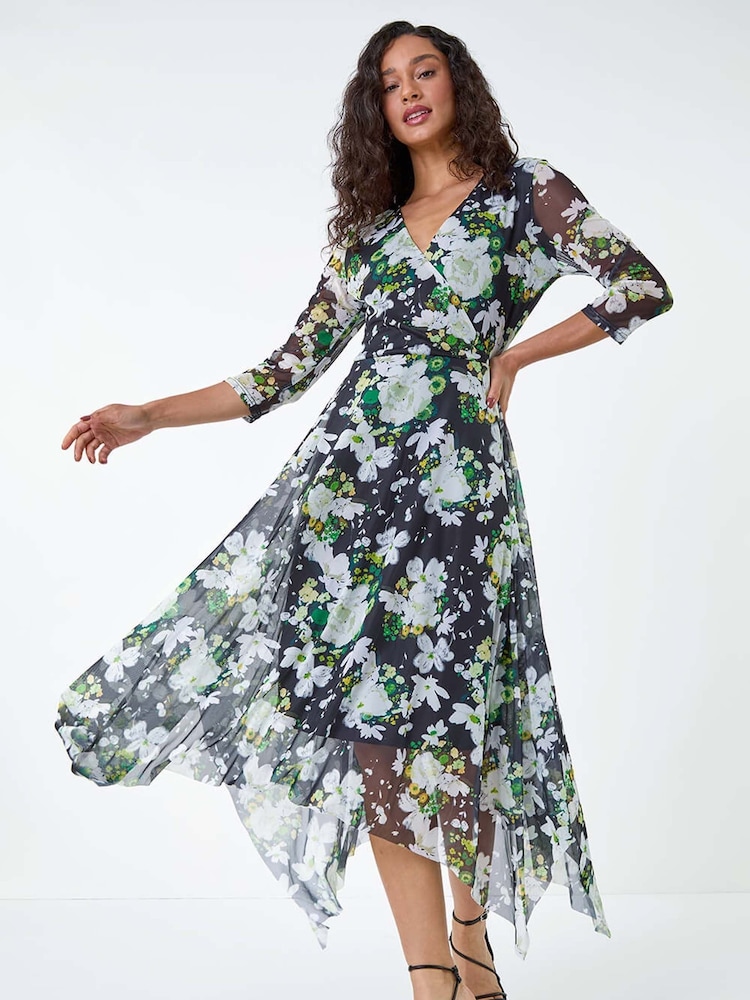 Dusk Green Abstract Stretch Mesh Hanky Hem Wrap Dress - Image 1 of 5