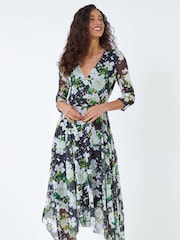Dusk Green Abstract Stretch Mesh Hanky Hem Wrap Dress - Image 2 of 5