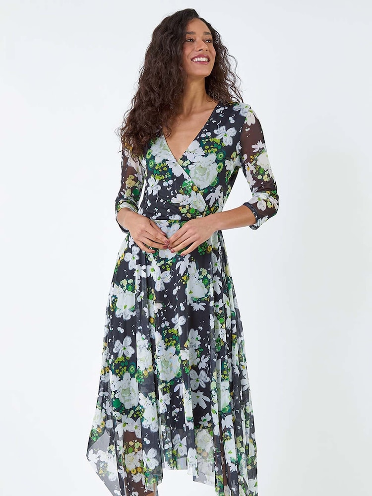 Dusk Green Abstract Stretch Mesh Hanky Hem Wrap Dress - Image 2 of 5