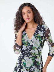 Dusk Green Abstract Stretch Mesh Hanky Hem Wrap Dress - Image 4 of 5
