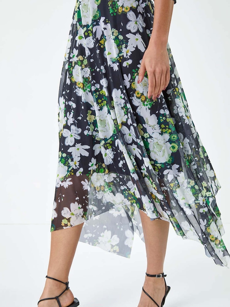 Dusk Green Abstract Stretch Mesh Hanky Hem Wrap Dress - Image 5 of 5