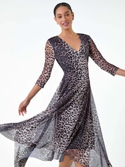 Dusk Black Animal Stretch Mesh Hanky Hem Wrap Dress - Image 1 of 5