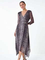 Dusk Black Animal Stretch Mesh Hanky Hem Wrap Dress - Image 2 of 5