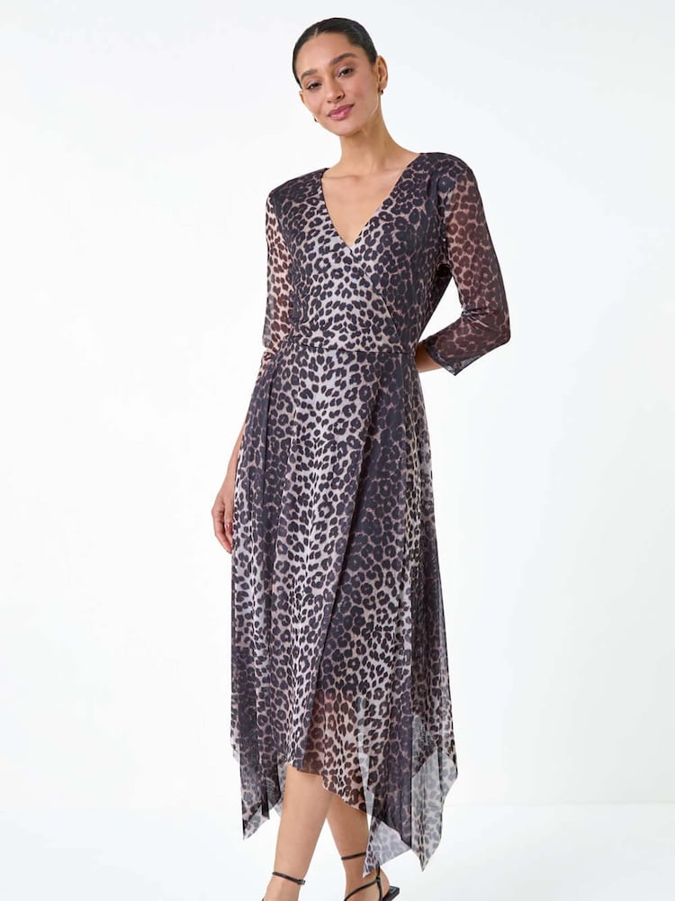 Dusk Black Animal Stretch Mesh Hanky Hem Wrap Dress - Image 2 of 5