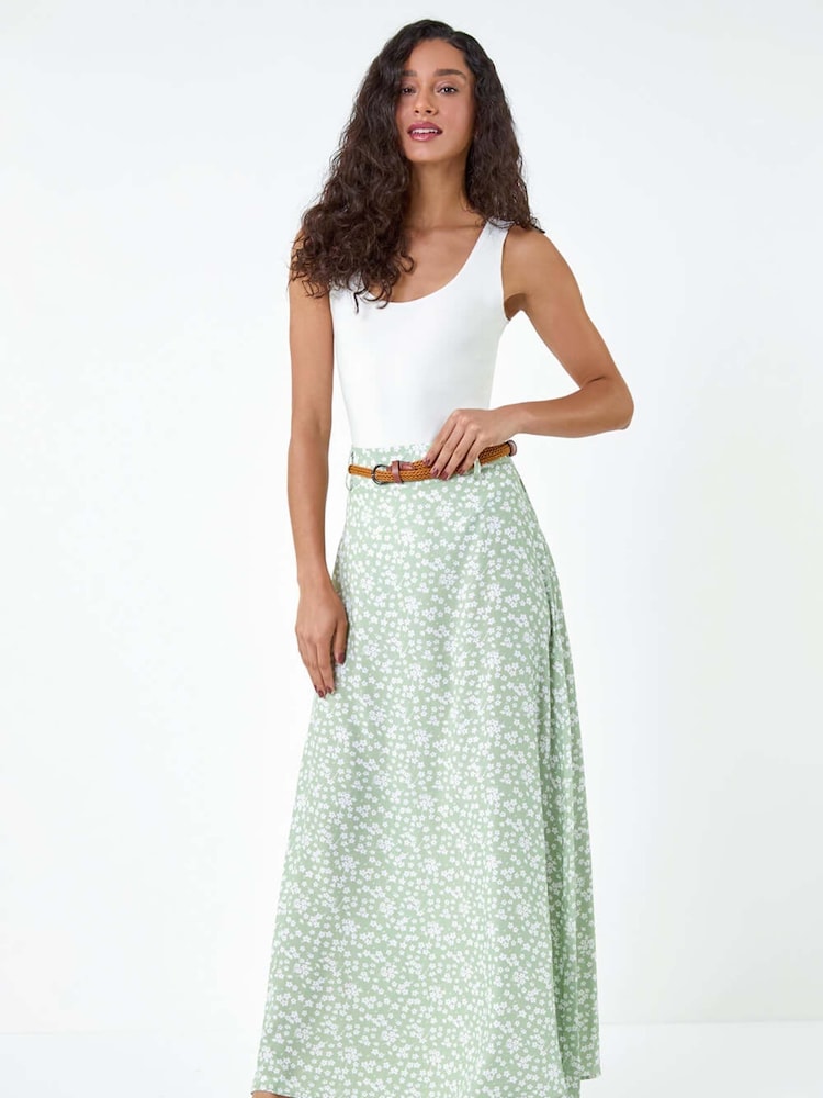 Dusk Green Ditsy Floral Belted Maxi Skirt - Image 1 of 5
