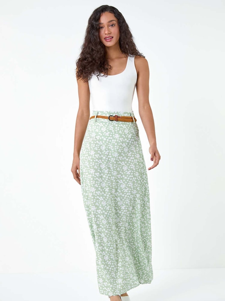 Dusk Green Ditsy Floral Belted Maxi Skirt - Image 2 of 5