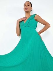 Dusk Green Pleated Tie Back Fit and Flare Midi Dress - Image 1 of 5