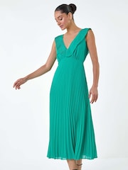 Dusk Green Pleated Tie Back Fit and Flare Midi Dress - Image 2 of 5