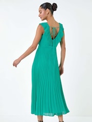 Dusk Green Pleated Tie Back Fit and Flare Midi Dress - Image 3 of 5