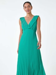 Dusk Green Pleated Tie Back Fit and Flare Midi Dress - Image 4 of 5