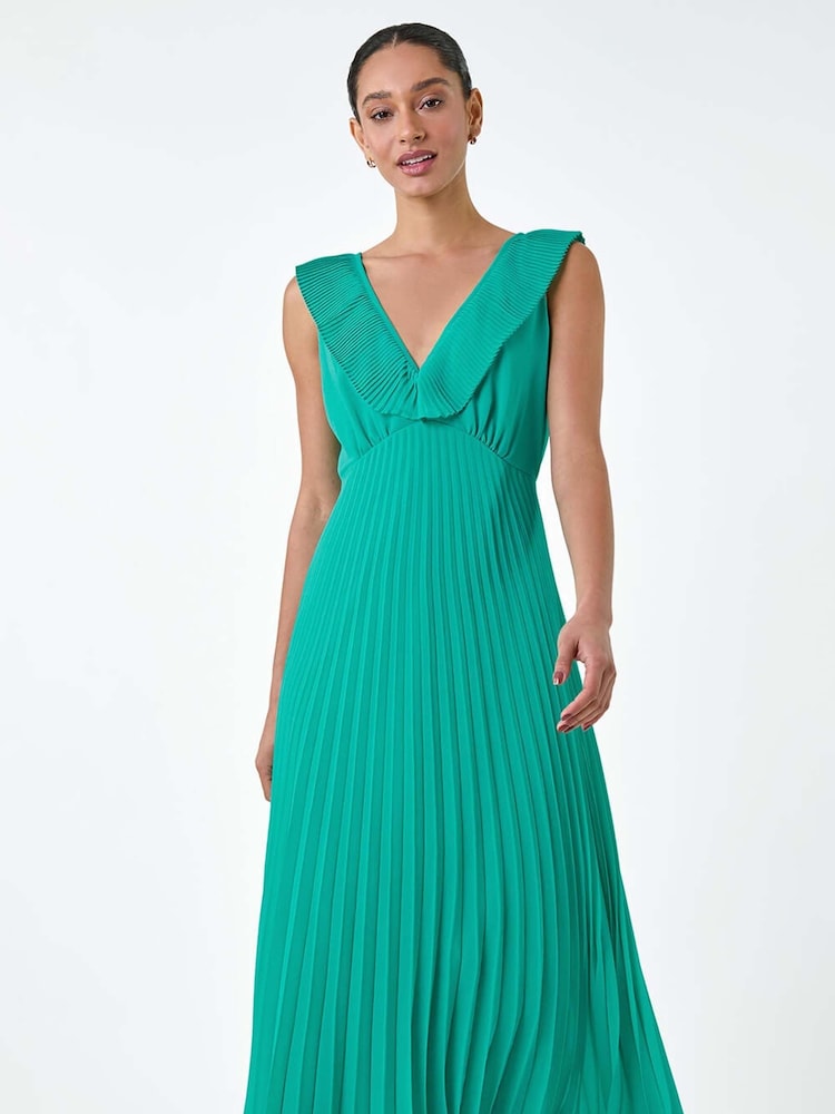 Dusk Green Pleated Tie Back Fit and Flare Midi Dress - Image 4 of 5