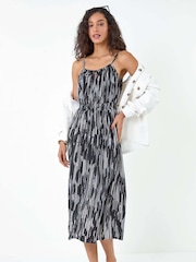 Dusk Black Abstract Print Shirred Midi Dress - Image 2 of 5