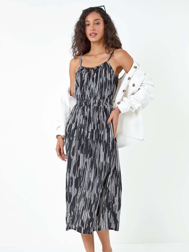 Dusk Black Abstract Print Shirred Midi Dress - Image 2 of 5