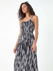 Dusk Black Abstract Print Shirred Midi Dress - Image 4 of 5